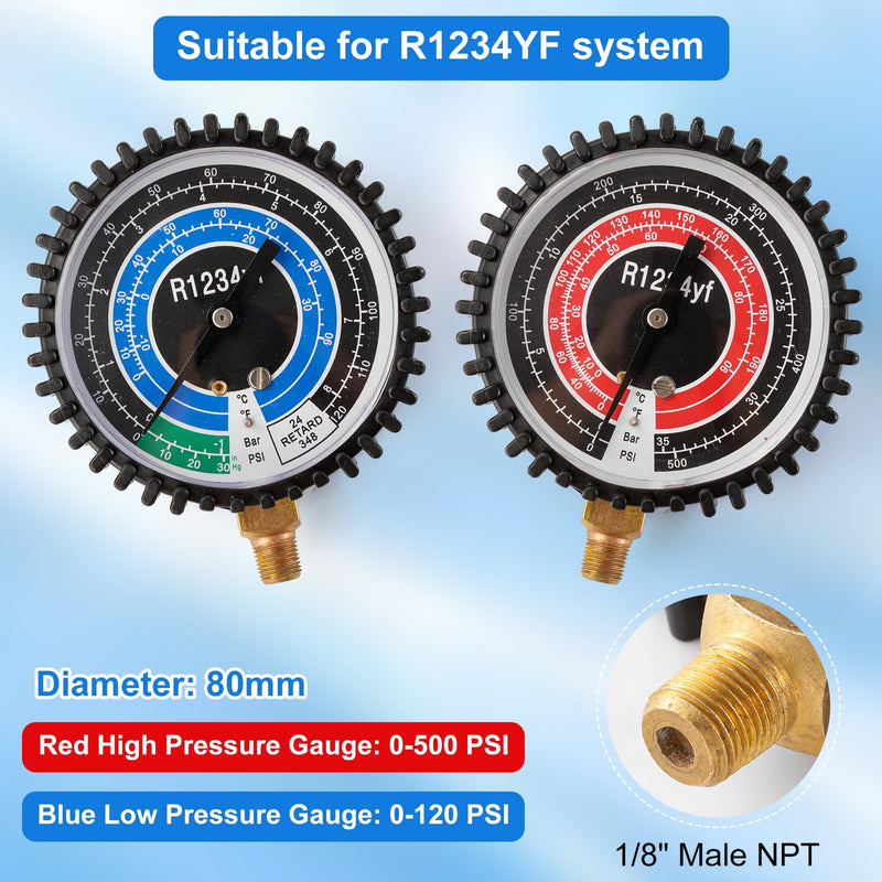 R1234YF Refrigeration Pressure Gauge, High and Low Manifold Gauge Kit with 1/8" Male NPT Lower Mount, 500 PSI, 80mm R1234YF Air Conditioning Refrigerant Recharge Pressure Gauge