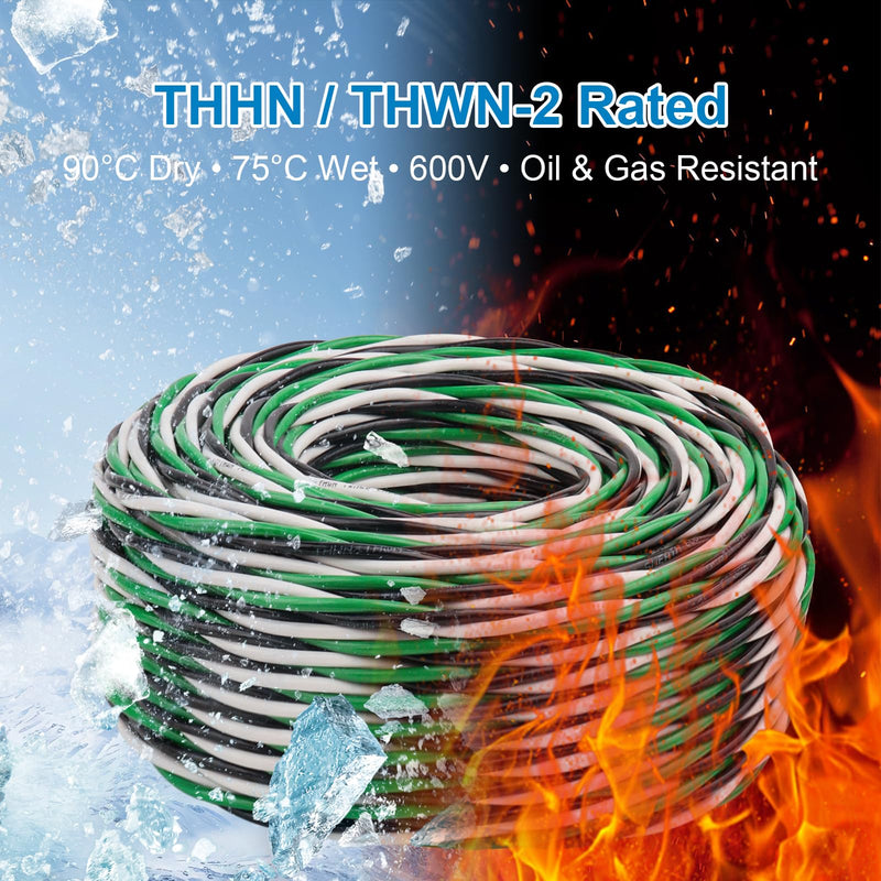 12 AWG THHN Wire 25FT 3-Color Set (Black/White/Green) – Stranded Copper, Pre-Twisted Conductors, THHN/THWN-2 Rated, 600V, Nylon Jacket for Conduit, Residential & Commercial Wiring 12AWG 25FT