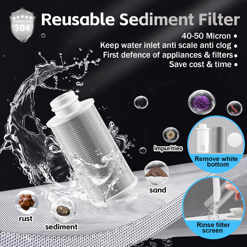 FA21 Brass Water Filter for Shower, Washing Machine Filter, 40-50 Micron, Reusable Sediment Filter, Traps Sand Rust, 1/2" Fittings w/ 3/4" Adapters