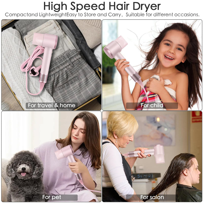 Hair Dryer 200 Million Negative Ionic Hairdryer,3 Speed 4 Heat Setting,110, 000 RPM High Speed Brushless Motor Blow Dryer，with Magnetic Nozzle，51dB Low Noise Travel Hairdryers for Women and Men (Pink) Pink