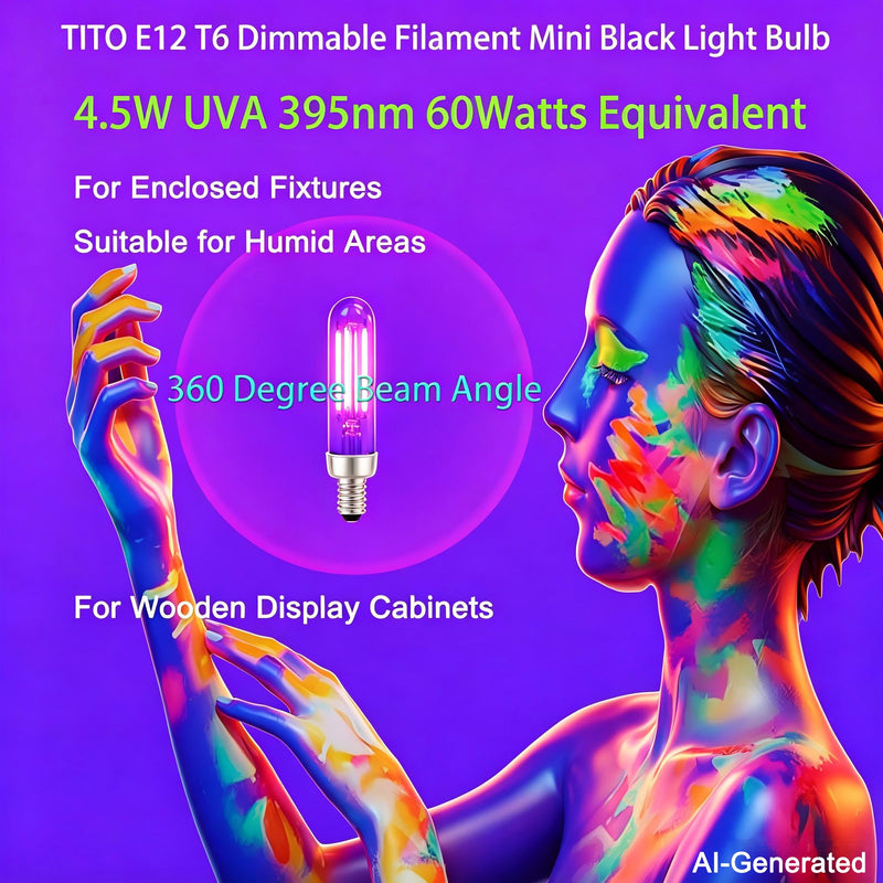 TITO 6 Pack E12 T6 395nm Dimmable Mini Black Light Bulb Halloween & Display | 4.5W Candelabra Bulb 60W Equivalent for Small Fixtures｜360° Full Beam｜Glow Party Fluorescent Paint Decor Uranium Glass Curios