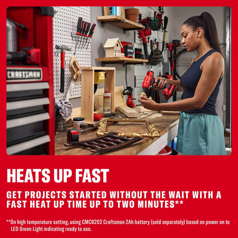 CRAFTSMAN V20 Hot Glue Gun Full Size, Cordless Glue Gun and Sticks Set with LED Light, Interchangeable Nozzles and Wrench, Retractable Dip Tray, Fast Preheat, Long Runtime, Tool Only (CMGL200B)