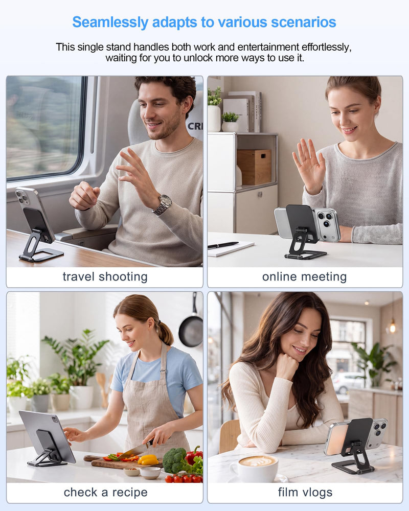 Adjustable Foldable Phone Stand for Desk, Premium Aluminum Cell Phone Holder, Portable Multi-Angle Desktop Stand Compatible with iPhone, Galaxy, iPad, Tablets & All Smartphones