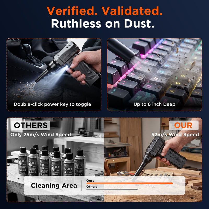 Compressed Air Duster, 350g High-Thrust Air Blower for PC Cleaning | Deep Cleaning,Rechargeable,4-Speed Adjustable,LED Light,110K RPM,Hurricane-Force,for Computer Keyboard, House, Outdoor, Car Black