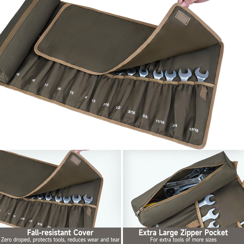 Wrench Roll Organizer,Wrench Roll Up Pouch with 23+1 Pockets,Heavy Duty Tool Roll for Metric & SAE Wrenches,Large Wrench Holder Organizer Bag for Men,Mechanics,Gifts for Men Dad(Olive Green) NO Tools Olive Green