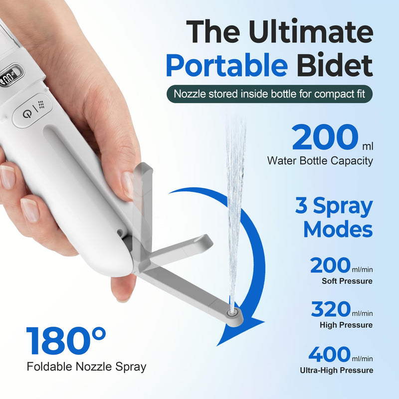 Electric Portable Bidet- Rechargeable Travel Bidet for Women, Postpartum, Hygiene | 3 Pressure Modes, 260 Uses/Charge, IPX7 Waterproof, Foldable & Compact, Standard Bottle Fit, USB-C Charging, White