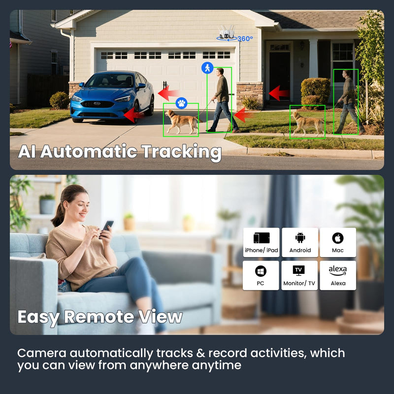 xmartO 10X Zoom Security Camera, 2K HD 24/7 Recording Security Camera System with Auto Tracking, Wireless PTZ Home Security System for Indoor Outdoor Surveillance, Motion Detection, 2-Way Audio PTZ Dual Lens Camera