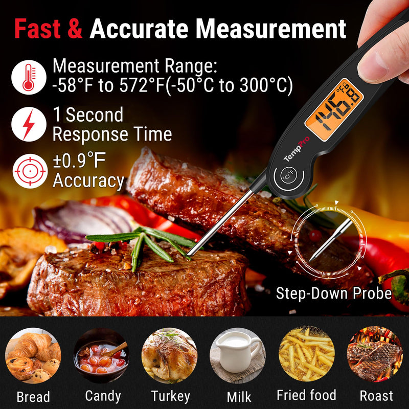 TempPro TP605 Instant Read Meat Thermometer for Cooking, Waterproof Digital Food Thermometer with Large Backlit LCD, Kitchen Thermometer for Grilling, Smoking & Candy Making (Previously ThermoPro) Black
