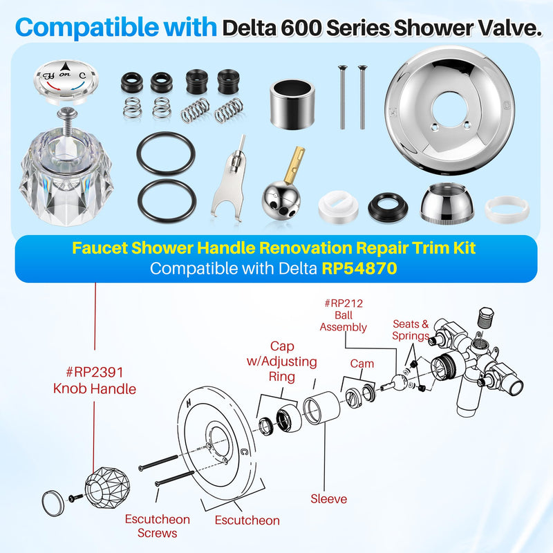 Shower Handle Renovation Repair Trim Kit Compatible with Delta RP54870, Single Function Tub Trim Kit Compatible with Delta 600 Series Shower Valve, Acrylic Handle(Chrome) Chrome