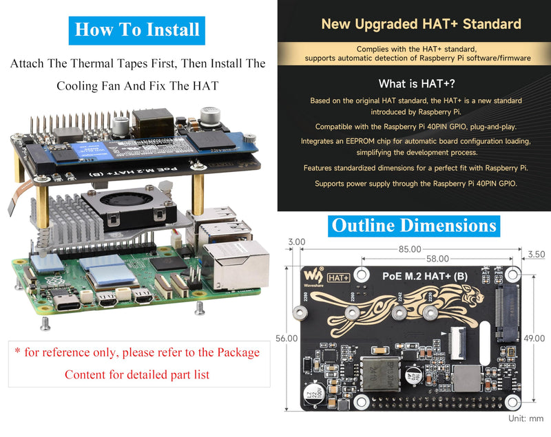 PCIe to M.2 Adapter with PoE Function Compatible with Raspberry Pi 5, Pi 5 NVMe PoE HAT+ Support NVMe M.2 Solid State Drive SSD 2230/2242/2260/2280, High-Speed Reading/Writing