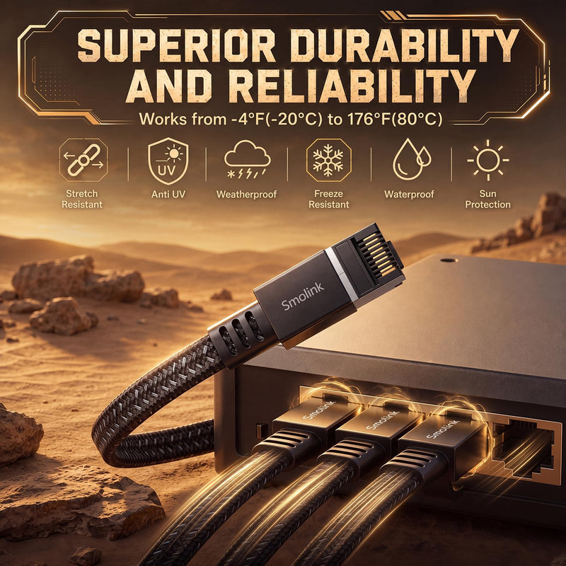 Smolink Cat 8 Ethernet Cable - 100ft 40Gbps 2000MHz RJ45 LAN Network Patch Cord, Nylon Braided High Speed Internet Cable, Heavy Duty Shielded SFTP Cable for Router Modem Gaming PC PS5 Xbox Black
