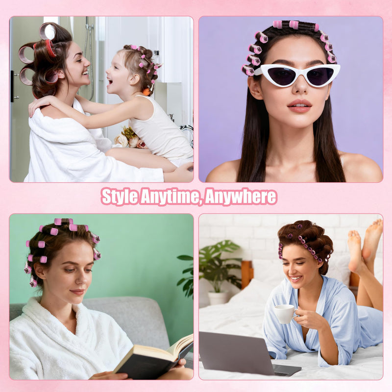Pink Small Hair Rollers Self Grip Curlers with 12 Metal Clips Gripping Sticky Rollers for Women Long Medium Short Hair Styling DIY Hair Salon (15mm,12pcs) Pink