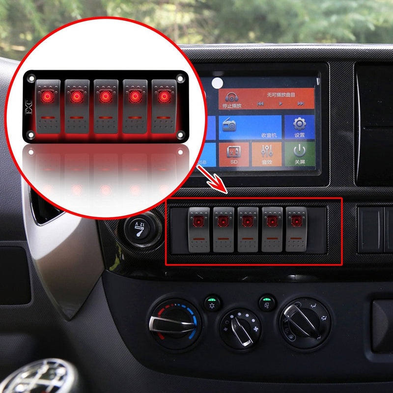 FXC Rocker Switch Aluminum Panel 5 Gang Toggle Switches Dash 5 Pin ON/Off 2 LED Backlit for Boat Car Marine Red 5Gang Red