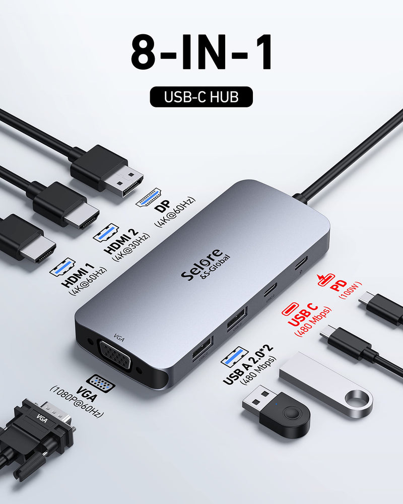 Selore USB C Docking Station Dual HDMI Monitor Adapter USB C Hub 3 Monitors | Triple Monitors Quad Display with Dual HDMI, DP, VGA, 100W PD Charging, 3USB 2.0, USB C Dock Dongle for Dell XPS HP Lenovo 8-in-1 Dual 4K HDMI+DP+VGA