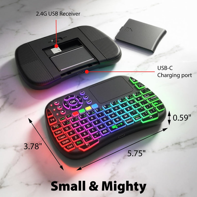 Fosmon Mini Keyboard with Touchpad Mouse, 2.4G & 5.2 Dual-Mode Multimedia Hotkeys, Small Wireless Bluetooth Handheld Keyboard with RGB Backlit for Android TV Box, Smart TV, Raspberry Pi, PC, Phone