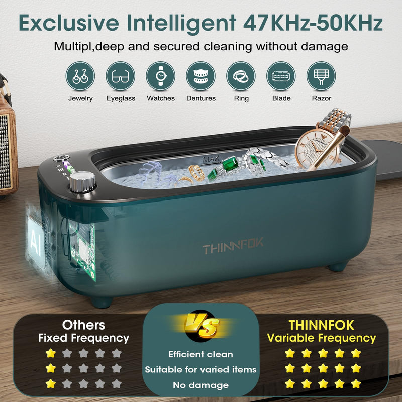 Ultrasonic Jewelry Cleaner, Smart Variable Frequency 47KHz - 50KHz | Professional Quiet Sonic Cleaning Machine with UV for Rings, Glasses, Watches, Dentures, Retainer, Earrings, Necklaces