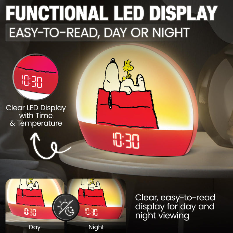 Peanuts Snoopy Sunrise Alarm Clock – Vibrant Snoopy Edition with Multicolor Lights, USB Charging, LED Display, Gentle Wake-Up Simulation, and Handy Snooze Function, Red