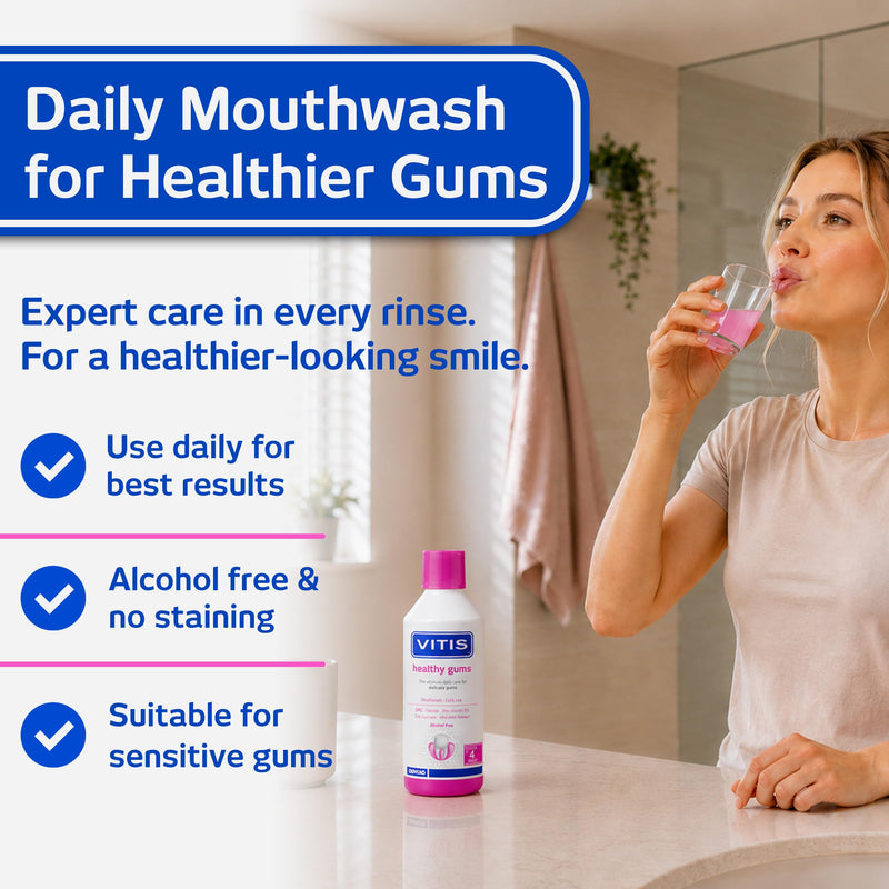 Vitis Gingival Mouthwash Panthenol Cetylpyridinium Chloride Zinc Alcohol-Free 500ml Mint Sensitive Gums