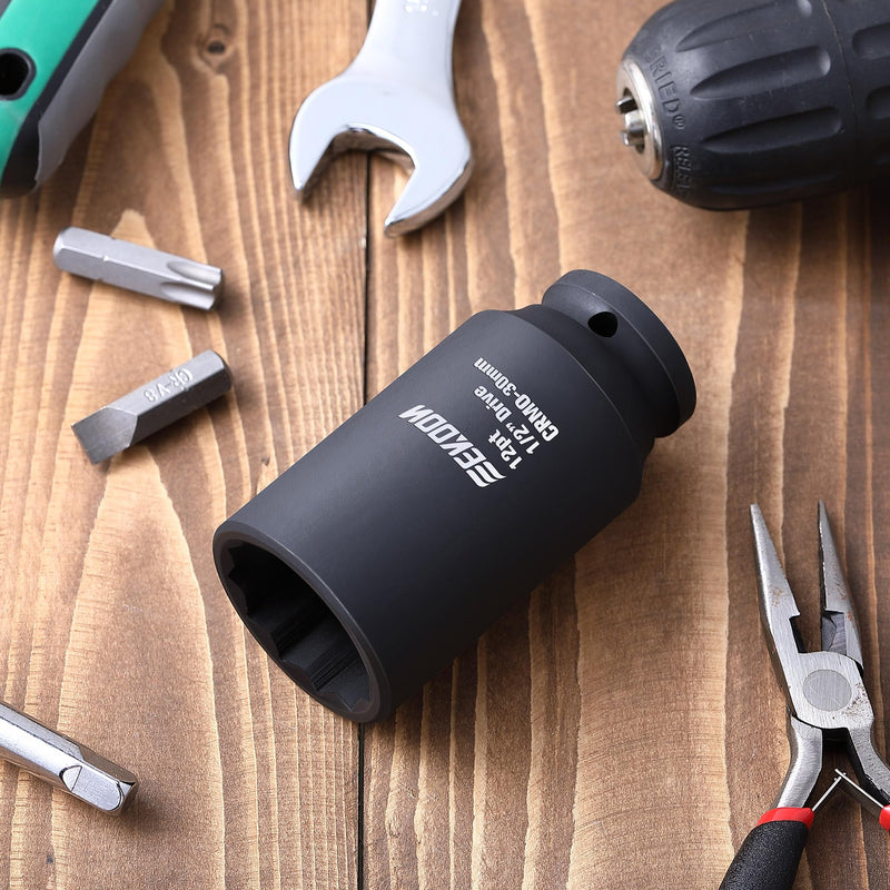 Feekoon Axle Nut Impact Socket, 30mm, 12 Point, 1/2 Inch Drive, CR MO, Spindle Nut Socket for Removing Axle Shaft Nuts, Universal Quick Fit Nuts Remover, Deep Well Hub Release Tool for Impact Wrench