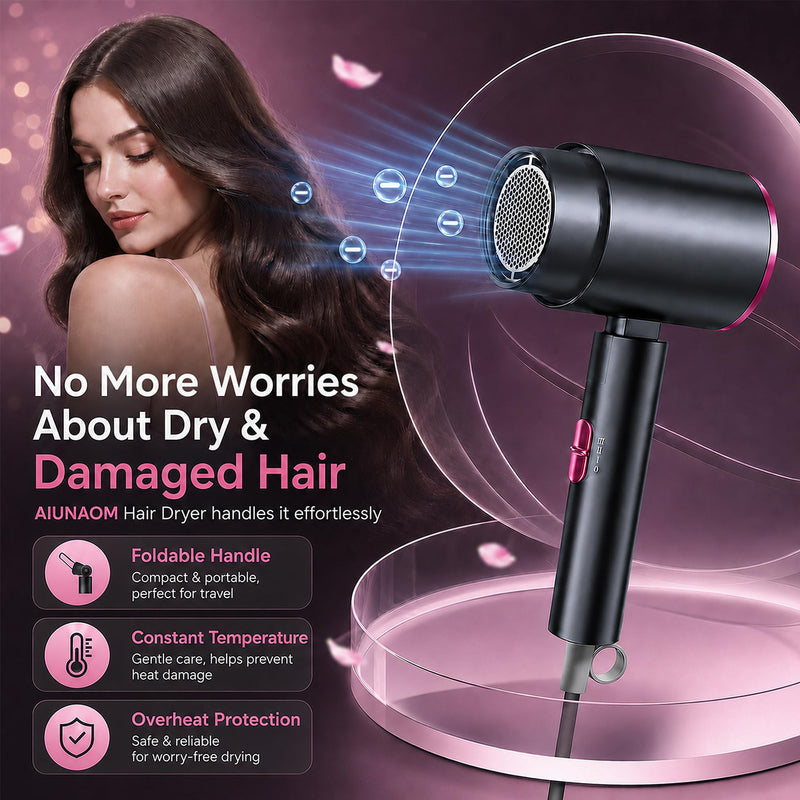 AIUNAOM Travel Hair Dryer 2000W Fast Drying,Foldable Hair Dryer with Cool Shot, Lightweight Compact Design, Professional Blow Dryer Featuring Negative Ion Technology, Overheat Protection Gray Purple