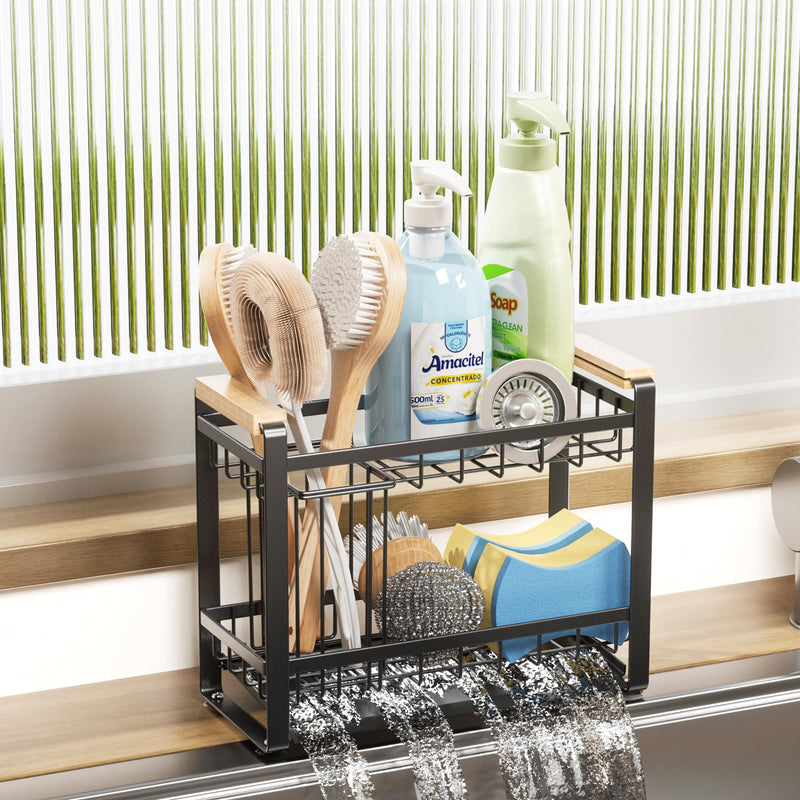 Sink Caddy Organizer with Wooden Handle, 2-Tier Rustproof Metal Sink Organizer Non-Slip Suction Cups, Multi-Functional Storage for Sponge, Soap Dispenser, Kitchen and Bathroom Countertop Accessories 2 Tier Black