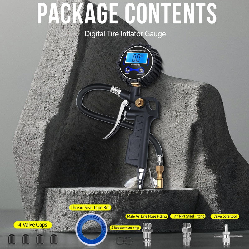 Digital Tire Pressure Gauge with Inflator, Air Compressor Accessories with Air Chuck Quick Connect Coupler, Car Attachments with Rubber Hose for Car, Truck, SUV, Cycle, RV, 250 PSI