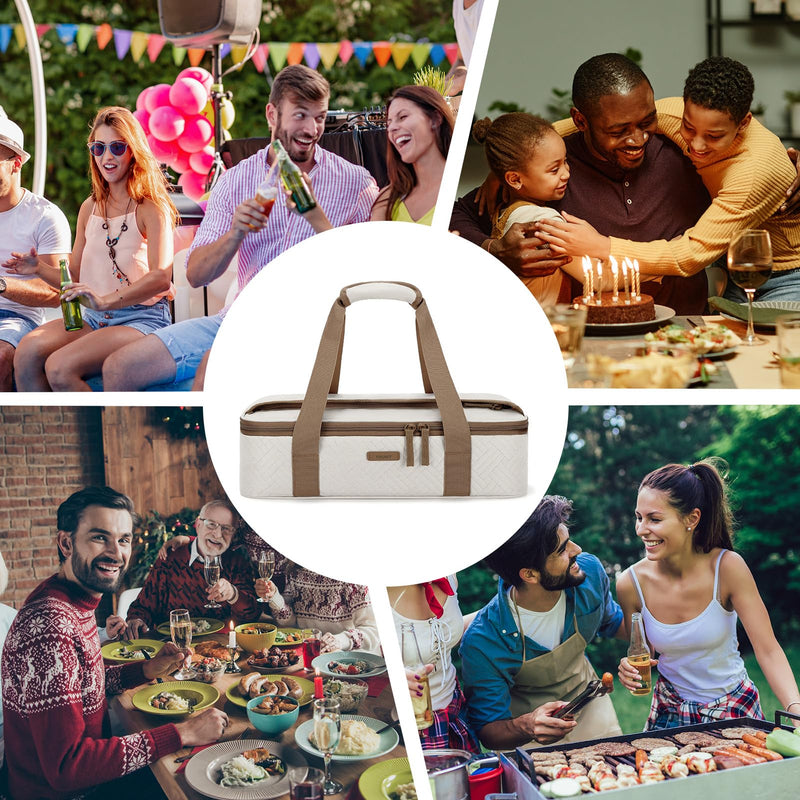 TOURIT Insulated Casserole Carrier for Hot or Cold Food Thermal Food Carrier for Picnic Cookouts Potluck Parties Fits 9" x 13" Baking Dish Beige Standard 16.93 x 11.02 x 4.72inch