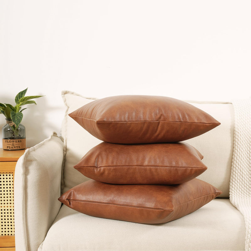 Faux Leather Throw Pillow Covers 18X18 Inch Set of 2 Brown Outdoor Modern Farmhouse Solid Decorative Pillow Covers for Room Couch Living Bedroom Bed Sofa 18" x 18" (Pack of 2)