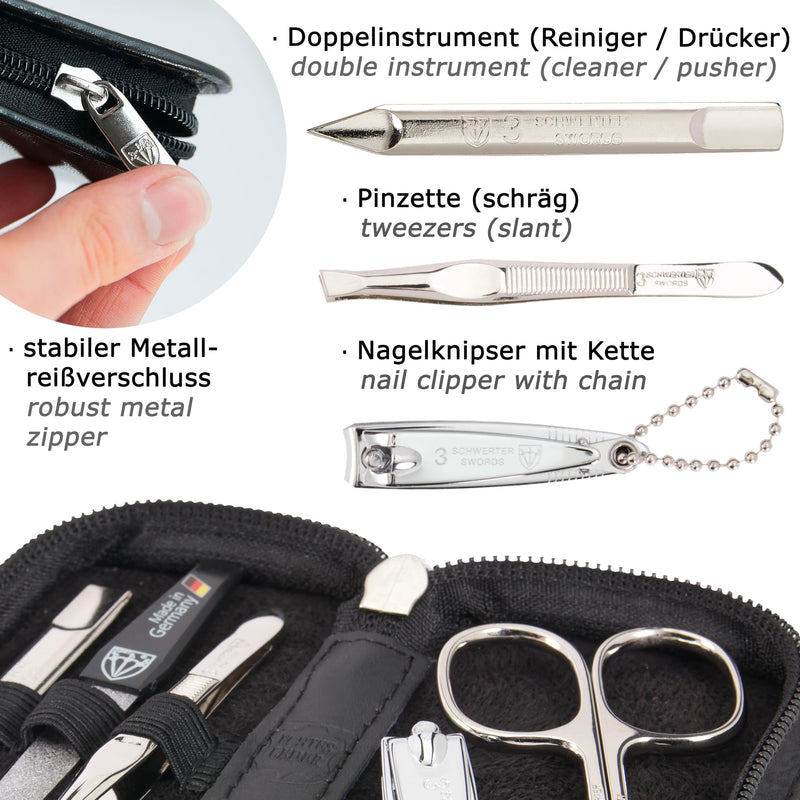 3 Swords Germany - brand quality 5 piece manicure pedicure grooming kit set for professional finger & toe nail care scissors clipper genuine leather black case in gift box, Made in Germany BLACK - GENUINE LEATHER