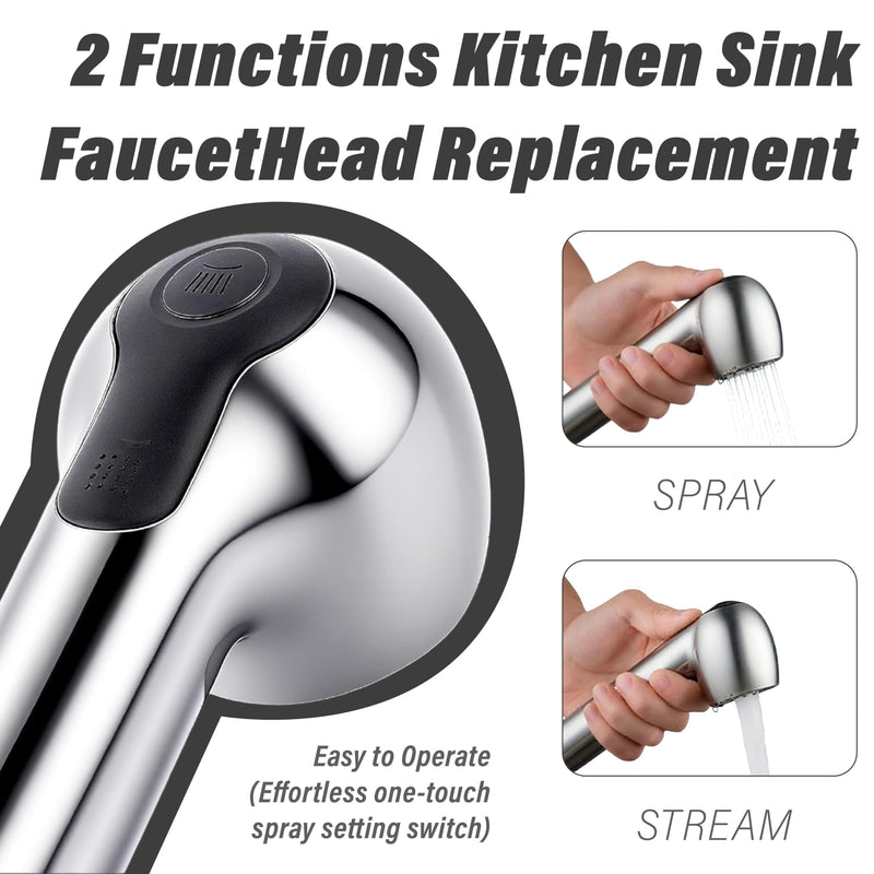 Kitchen Faucet Head Replacement,2-Function Pull Out Sink Sprayer,Suitable for G1/2" or 13/16" Thread Connectors Pull Down Faucets,Chrome