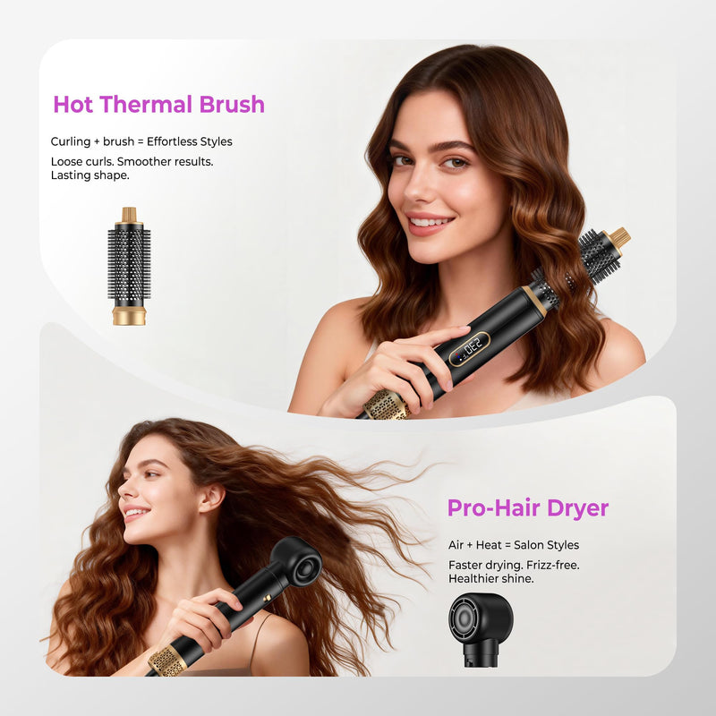 UMIGA Hairstyler 5 in 1 Hair Dryer Brush 1000W, LCD Air Brush Round Brush Hair Dryer, Curling Iron and Hair Straightener, 3 Temperature Settings for Volume, Straightening, Curling and Blowout Styling Black