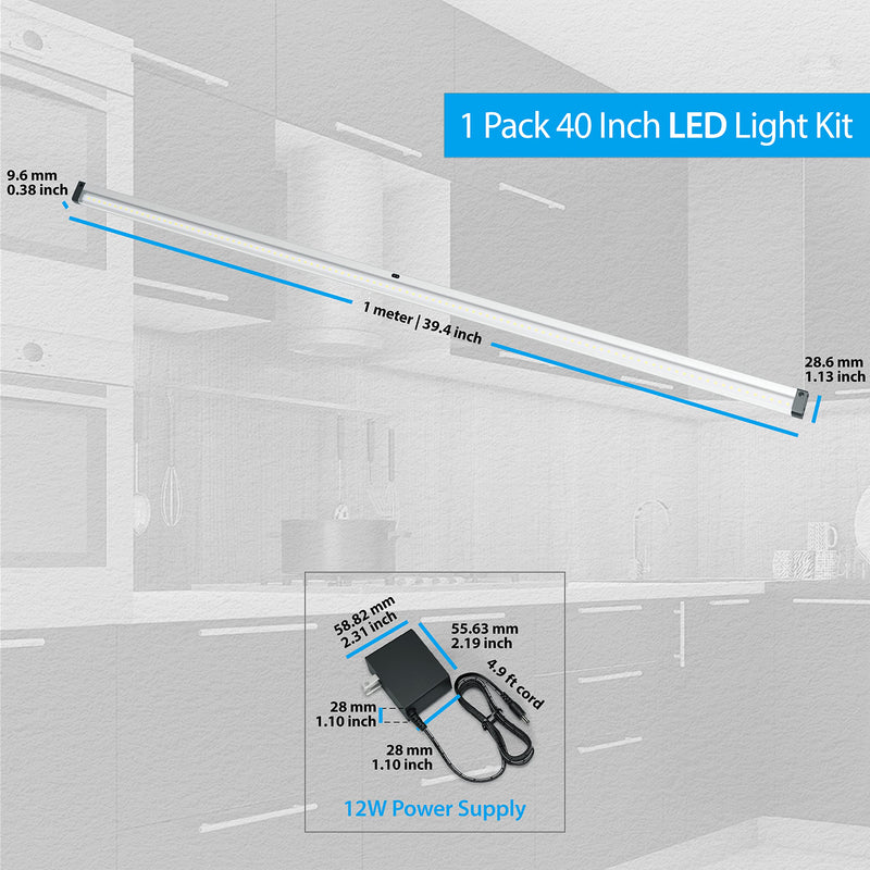 EShine Hand Wave Activated Under Cabinet LED Lighting Kit, Dimmable, 1-Pack 40 in - Touchless Dimming Control, Black Under Counter Lights for Kitchen, Garage, Office, Shelf - Cool White (6000K) Cool White (6000K) 40 inch