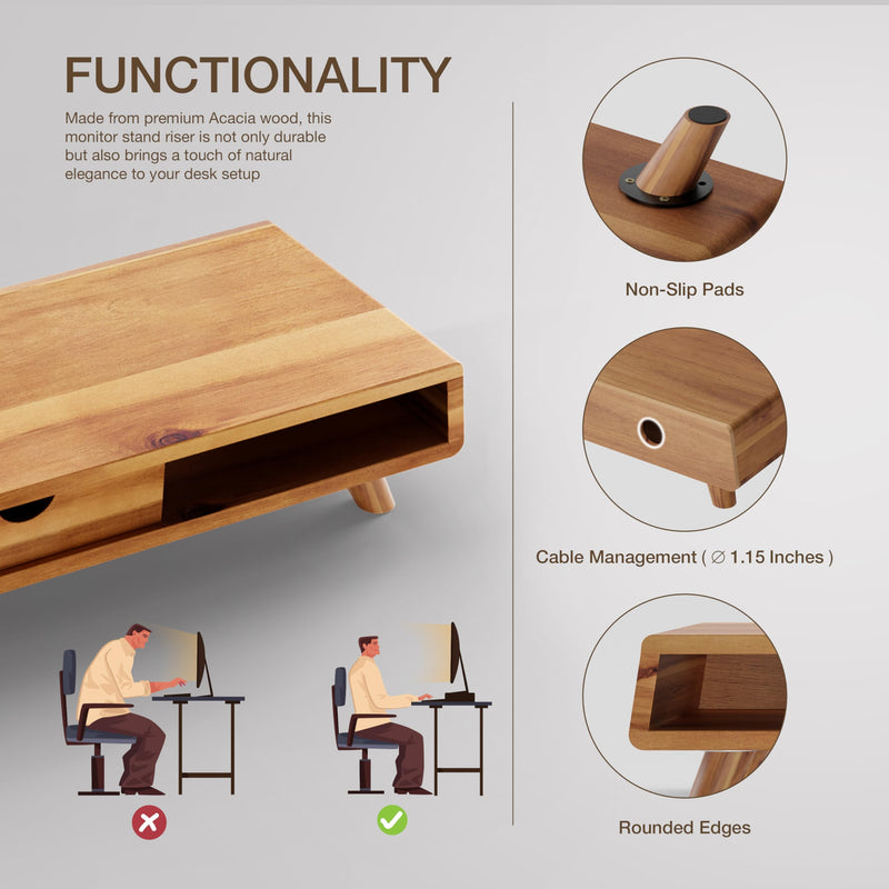 TINAMO Acacia Wood Monitor Stand with Drawer - Wooden Monitor Riser for Desk - Computer Monitor Stand for Desk - Multi-Purpose Desktop Storage Stand for Computer; Laptop; Printer; TV - 24.4 " x 8" x 5" (Patent Pending)