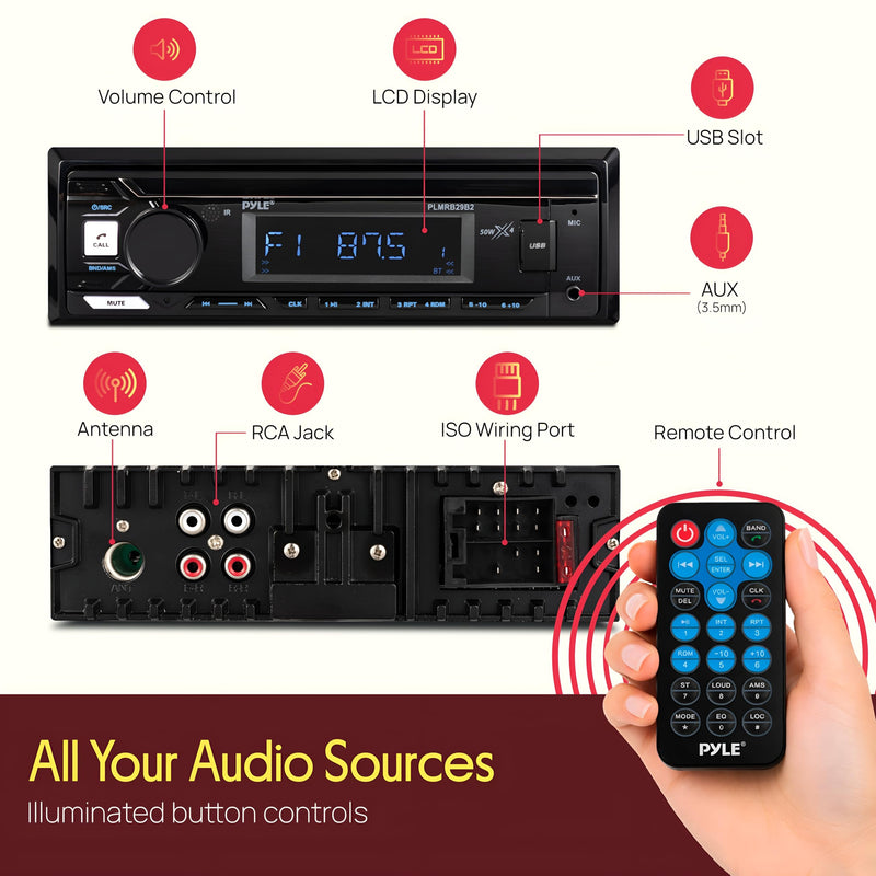 Pyle Marine Bluetooth Stereo Radio - 12v Single DIN Style Boat In dash Radio Receiver System with Built-in Mic, Digital LCD, RCA, MP3, USB, AM FM Radio - Remote Control - PLMRB29B (Black) Black