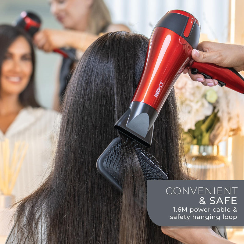 Red Hot 2200W Hair Dryer / 3 Heat Settings, 2 Speed Settings/Cool Air Function, Removable Styling Nozzle, Fast Drying Hair Dryer/Red 37060 2200W Professional Hair Dryer Red