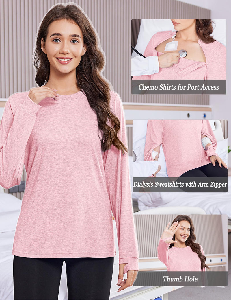 Deyeek Chemo Shirts for Port Access Women Long Sleeve Shoulder Post Surgery Shirt Dialysis Sweatshirts with Arm Zipper Pink Large