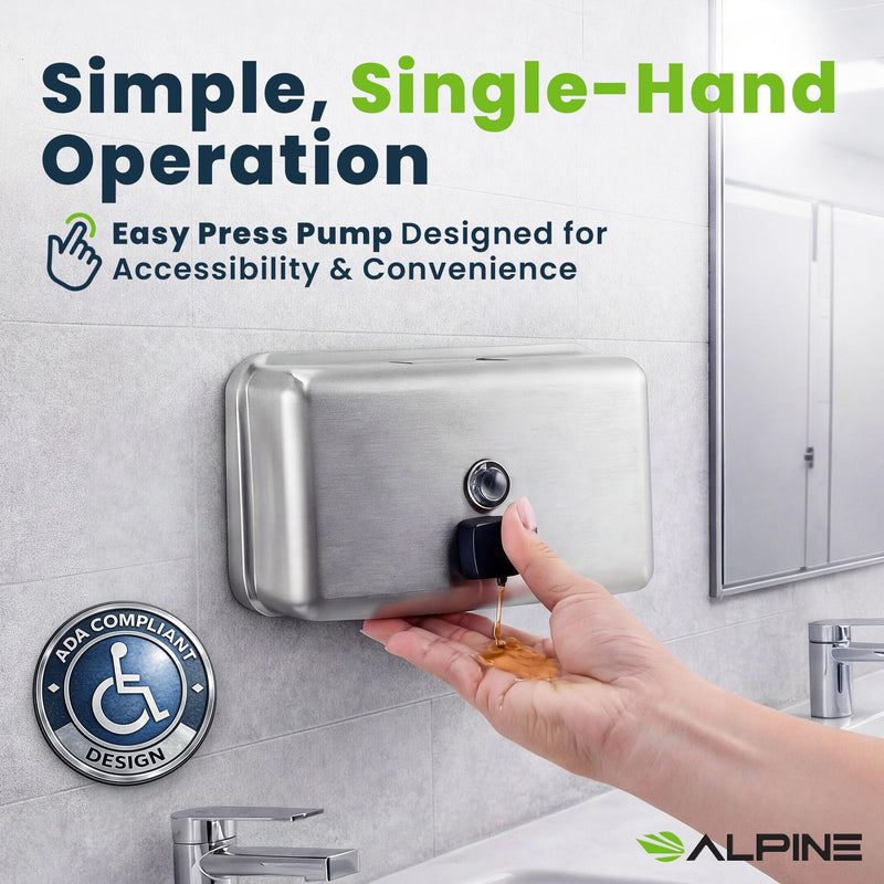 Alpine Commercial Wall-Mounted Soap Dispenser – Stainless Steel, Liquid, Manual Pump, ADA Compliant, 1200ml for High-Traffic Bathrooms (Horizontal) 1