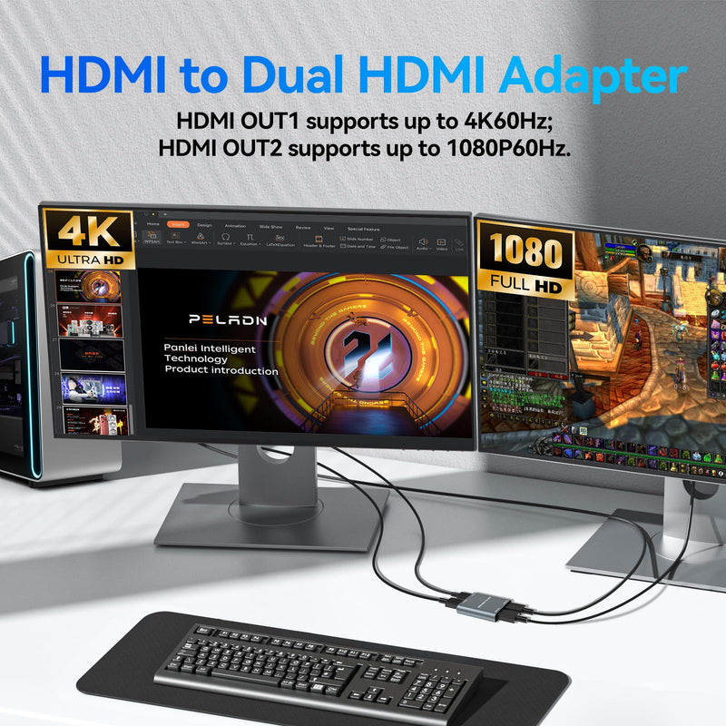 HDMI Splitter Extended Display HDMI to Dual HDMI Splitter 1 In 2 out | USB-C & HDMI to Dual HDMI Splitter, 4K@30Hz Output 1,1080p Output 2 Supports Extended and Mirror for Windows, Mac OS