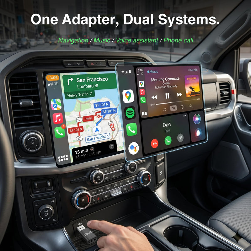 Ultra-Compact 2 in 1 Wireless CarPlay & Android Auto Adapter | Stealth dongle plugs flush into your USB-C or USB-A ports, clearing dash clutter without blocking cup holders.
