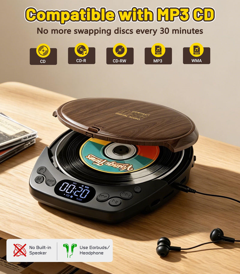 Gracioso Rechargeable Portable CD Player with Headphones for Car & Home | CD/MP3/Micro SD/AUX Out Supported, Retro CD Player, 60s Anti-Skip, Lock/Programmable/Timer, No Built-in Speakers (Walnut Walnut CD Player with 1200mAh Rechargeable Battery