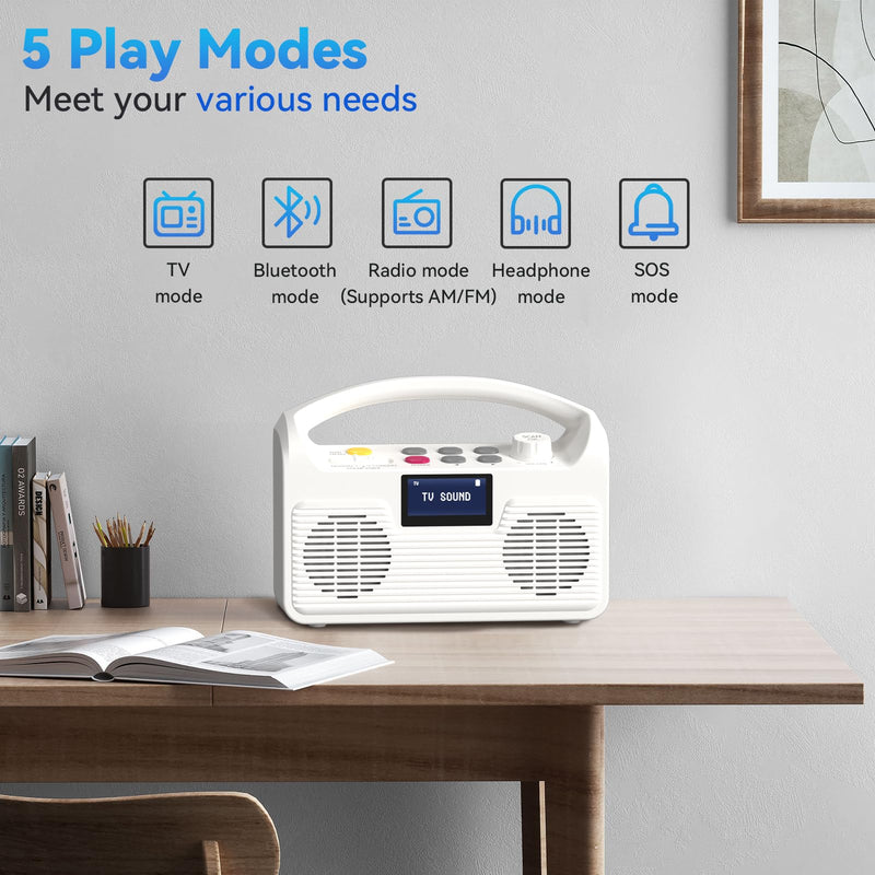 ANSTEN Portable Wireless Speakers for TV Voice Highlighting Wireless TV Speaker for Hard of Hearing Elderly, Dual Loudspeakers Bluetooth Speakers, 3 Sound Modes, LCD Display, SOS Function, FM Radio White