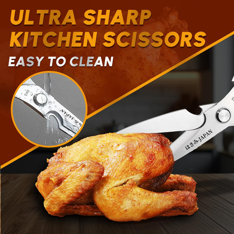 HUUSK Kitchen Scissors Set Silver - Upgraded Stainless Steel Kitchen Shear, Sharp Meat Scissors Dishwasher Safe, Heavy Duty Poultry Shears, Japanese Cooking Scissor for Food, Chicken Bones, and Turkey