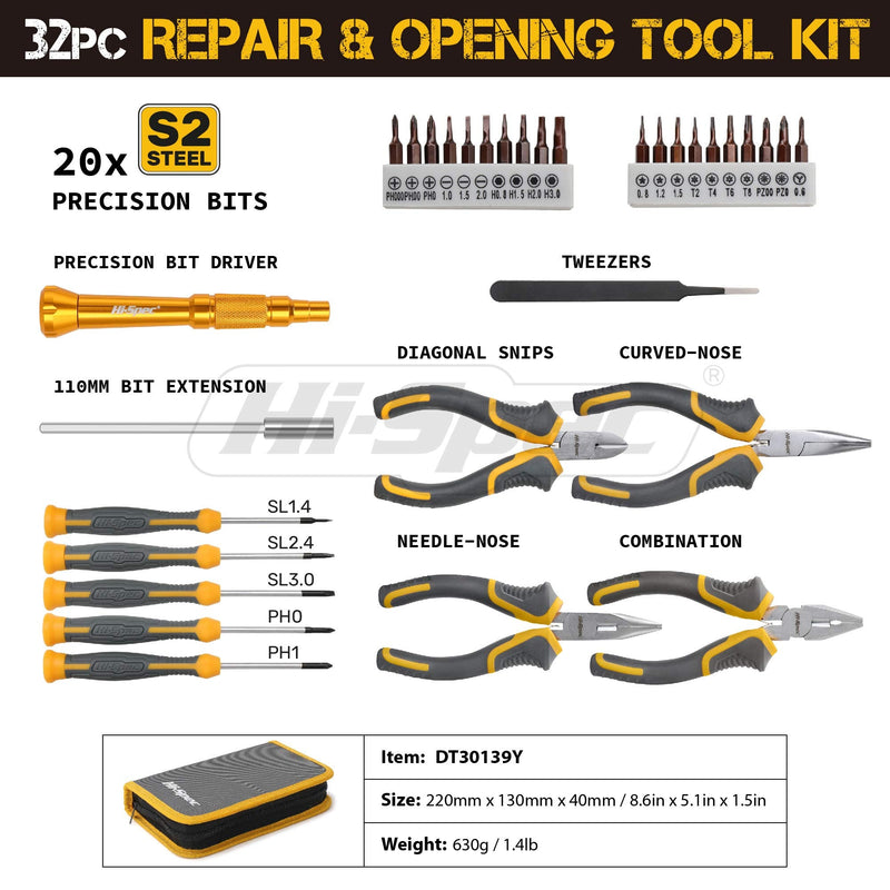  [AUSTRALIA] - Hi-Spec 32pc Electronics Repair & Opening Tool Kit Set for Laptops, Phones, Devices, Computer & Gaming Accessories. Precision Small Screwdrivers with Pentalobe Bits for iPhones & MacBooks