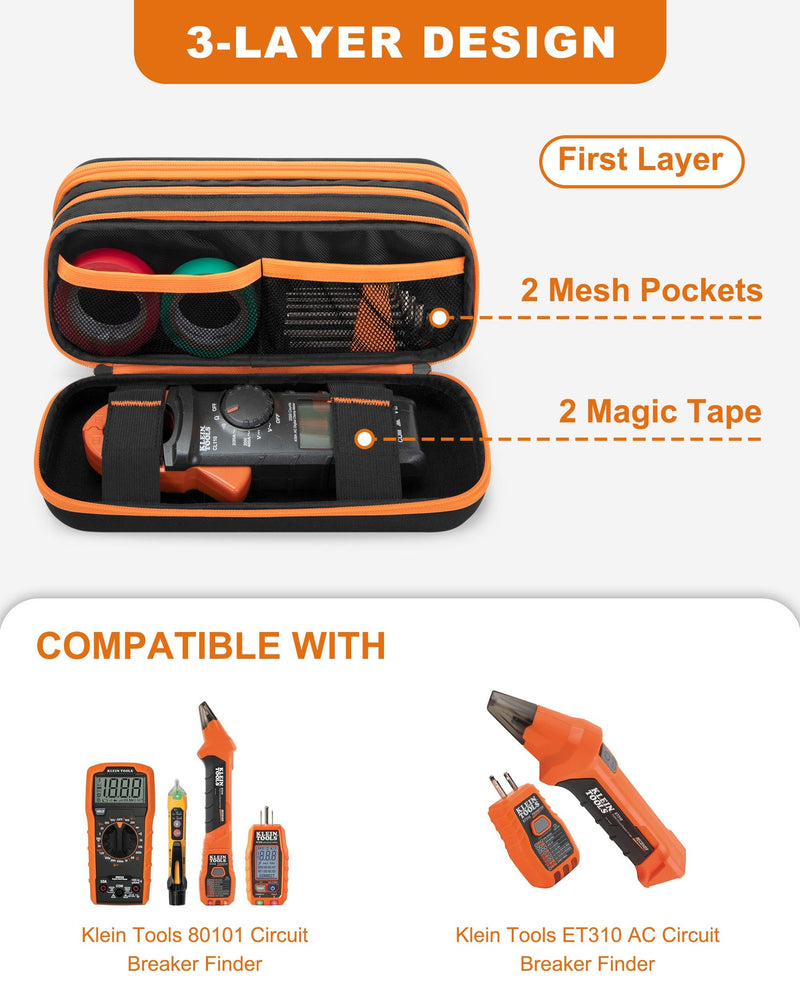 Hard Tool Carrying Case Compatible with Klein Tools 80101/ET310 AC Circuit Breaker Finder, Fluke Digital Multimeter/325 Clamp Multimeter, Electric Tester Bag with Zipper, Black (Empty Bag)