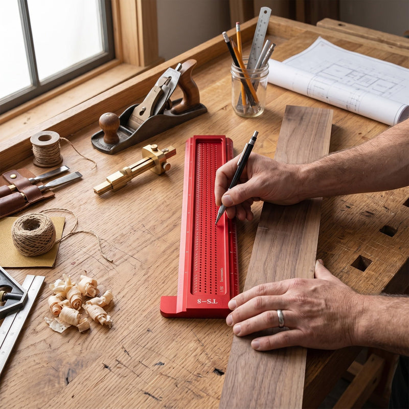 TS-8 Precision Marking T-Rule Aluminum Alloy Hole Positioning Scribing Gauge Woodworking Ruler Marking Gauge Measuring Tool(Red)