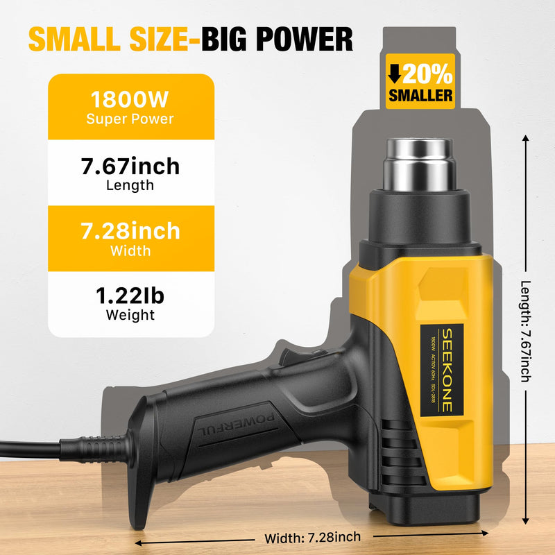 SEEKONE 1800W Heat Gun with LCD Digital Display Compact Design Hot Air Gun Variable Temperature Control 122℉-1202℉（50℃- 650℃）with Memory Function and 4 Nozzles for Crafts, Vinyl Wrap, Shrink Tubing