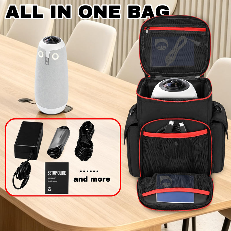 Carrying Case Compatible with Owl Labs Meeting Owl 3/4/Pro | Meeting Camera Travel Bag with shoulder strap, 8mm Padding, Side Pockets, Mesh Pockets, Top Handle, Red Reflective Strip