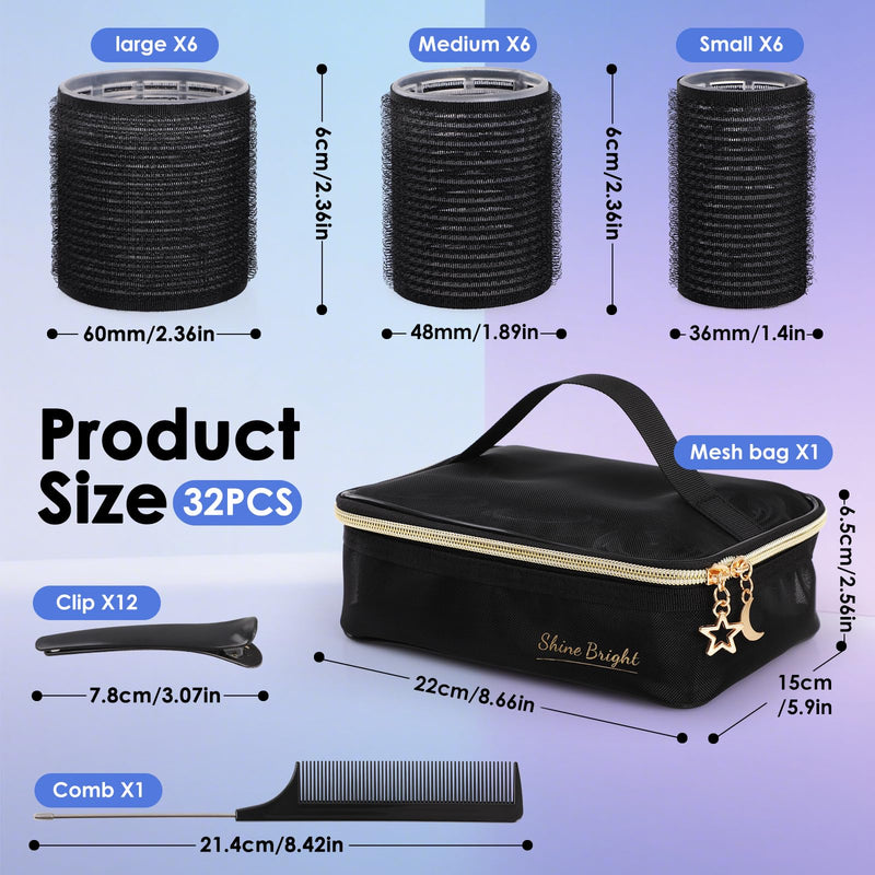 Simpeak 32Pcs Hair Rollers Set, Self-Grip Hair Curlers Set includes 18Pcs Rollers(60mm/48mm/36mm), 12 Clips, 1 Comb and Storage Bag for Long Medium Short Volume Curls