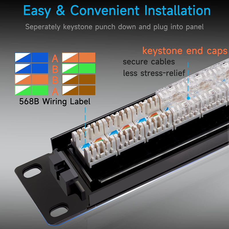 Cat6 Patch Panel 24 Port with Keystone, RJ45 Network Panel 19 Inch, Punch Down Keystone Ethernet Patch Panel with Back Bar Black 24port