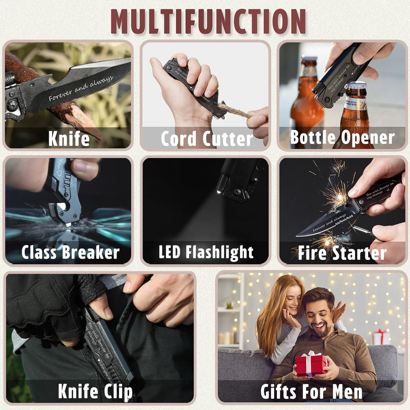 Husband Boyfriend Birthday Present, Pocket Knife with Box with 6 Functions, LED Light,Fire Starter,Bottle Opener,Seat Belt Cutter,Glass Breaker, Gift for Men, Anniversary, Father's Day Love-with box